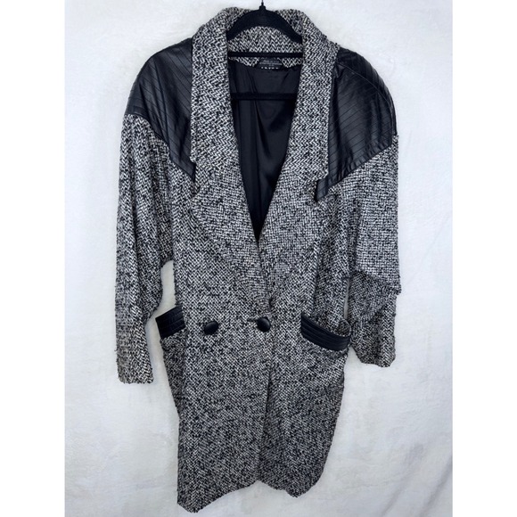 Vintage ADA Mens Tweed Long Coat Leather Trim Black White 11080 Made in USA 9-10